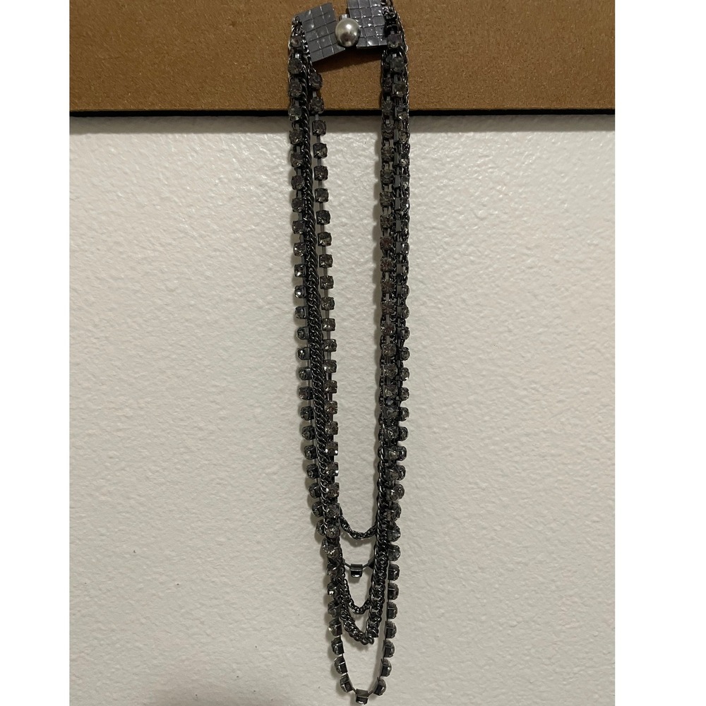 Gunmetal Multi Strand Statement Necklace Smokey Grey Rhinestone Layered #678